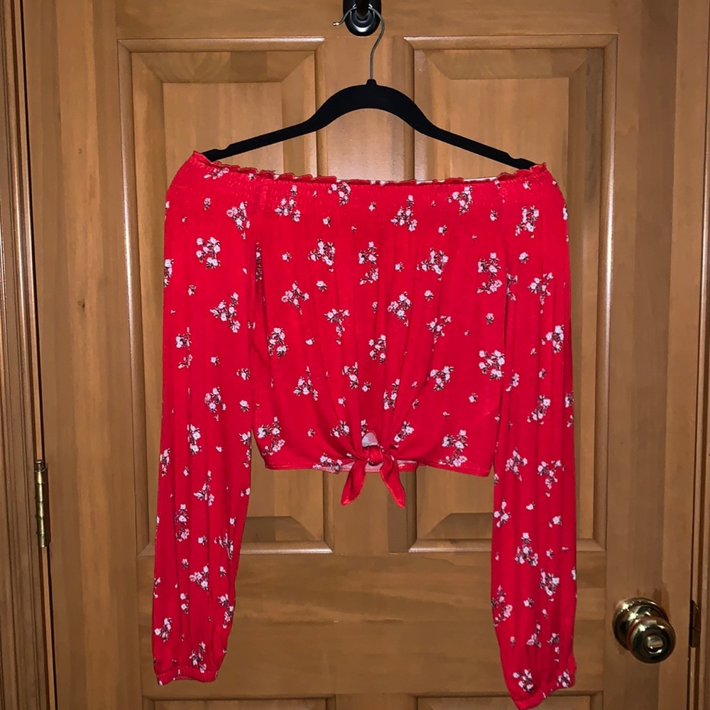 H&M off the shoulder, red, floral, crop top, size S